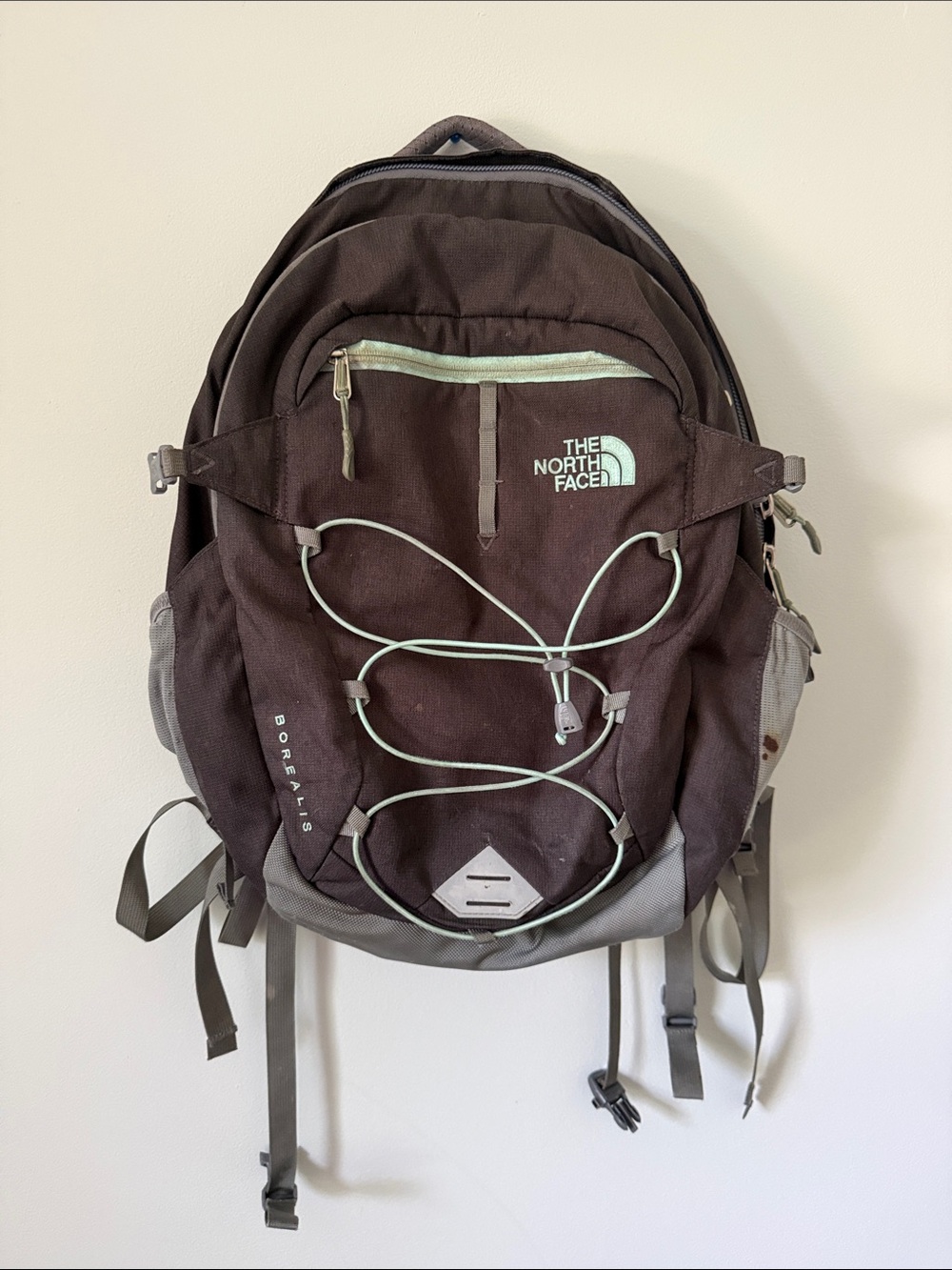 The North Face Dark Grey and Mint Borealis Backpack